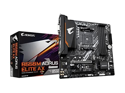 GIGABYTE B550M AORUS Elite AX Mainboard – AMD Ryzen 5000 CPUs, 5+3 Phasen VRM, bis zu 4733 MHz DDR4, 1xPCIe 4.0 + 1xPCIe 3.0 M.2, Wi-Fi 6E, 1GbE LAN, USB 3.2 Gen 1