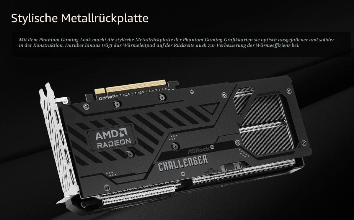 ASRock Radeon RX 9070 XT Challenger 16 GB OC-Grafikkarte, AMD RDNA 4 Architektur, 2970 MHz Boost Clock, 16 GB GDDR6, PCIe 5.0, DisplayPort 2.1a, HDMI 2.1b, Triple Cooling Bild 7