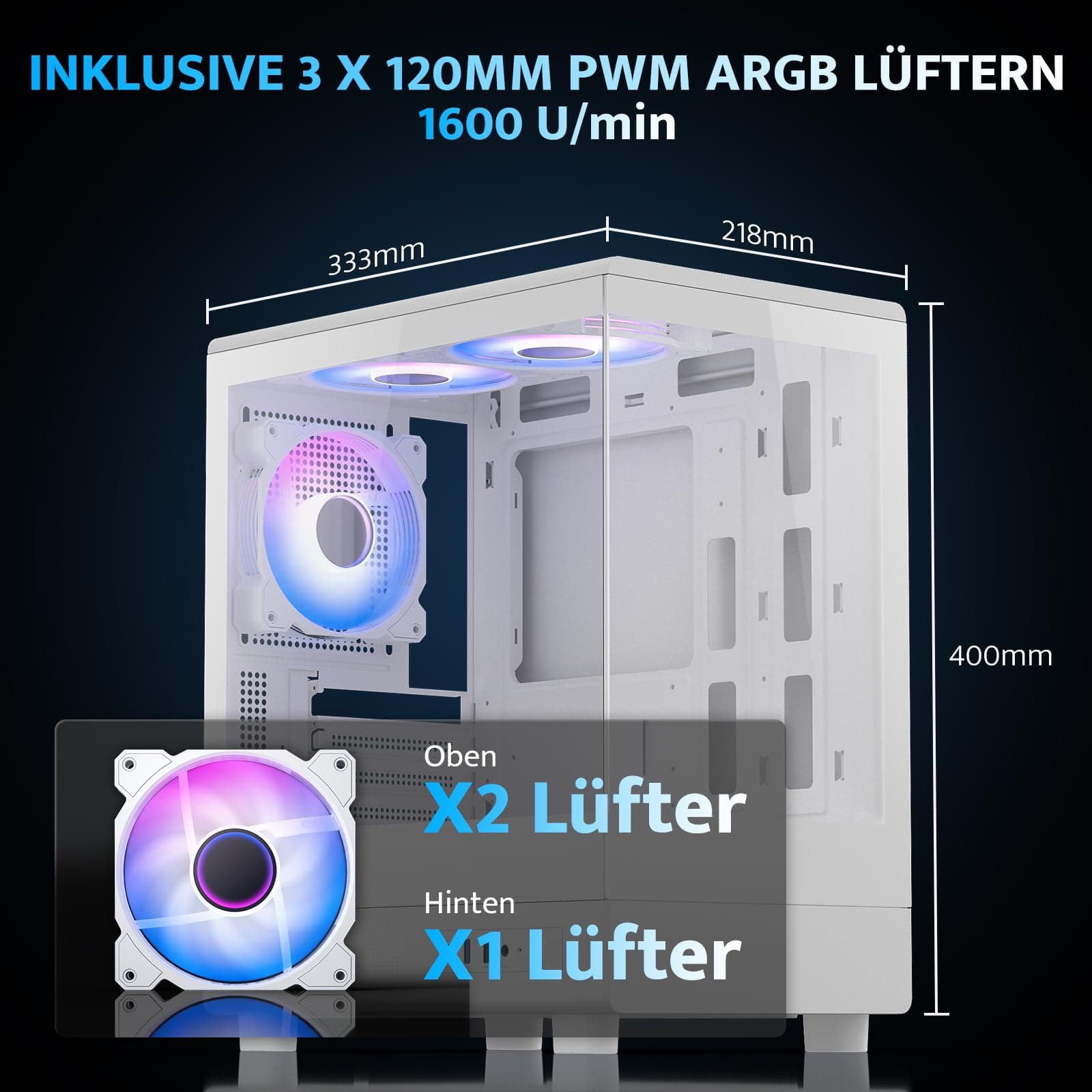 darkFlash Micro-ATX-PC-Gehäuse, Vorinstalliert mit 3 PWM-ARGB-Lüftern, Computergehäuse, Vollansicht Doppeltem Hartglas MATX-Gaming-PC-Gehäuse, Typ-C, Unterstützt bis zu 240 mm AIO (DB330M) (Weiß) Bild 5