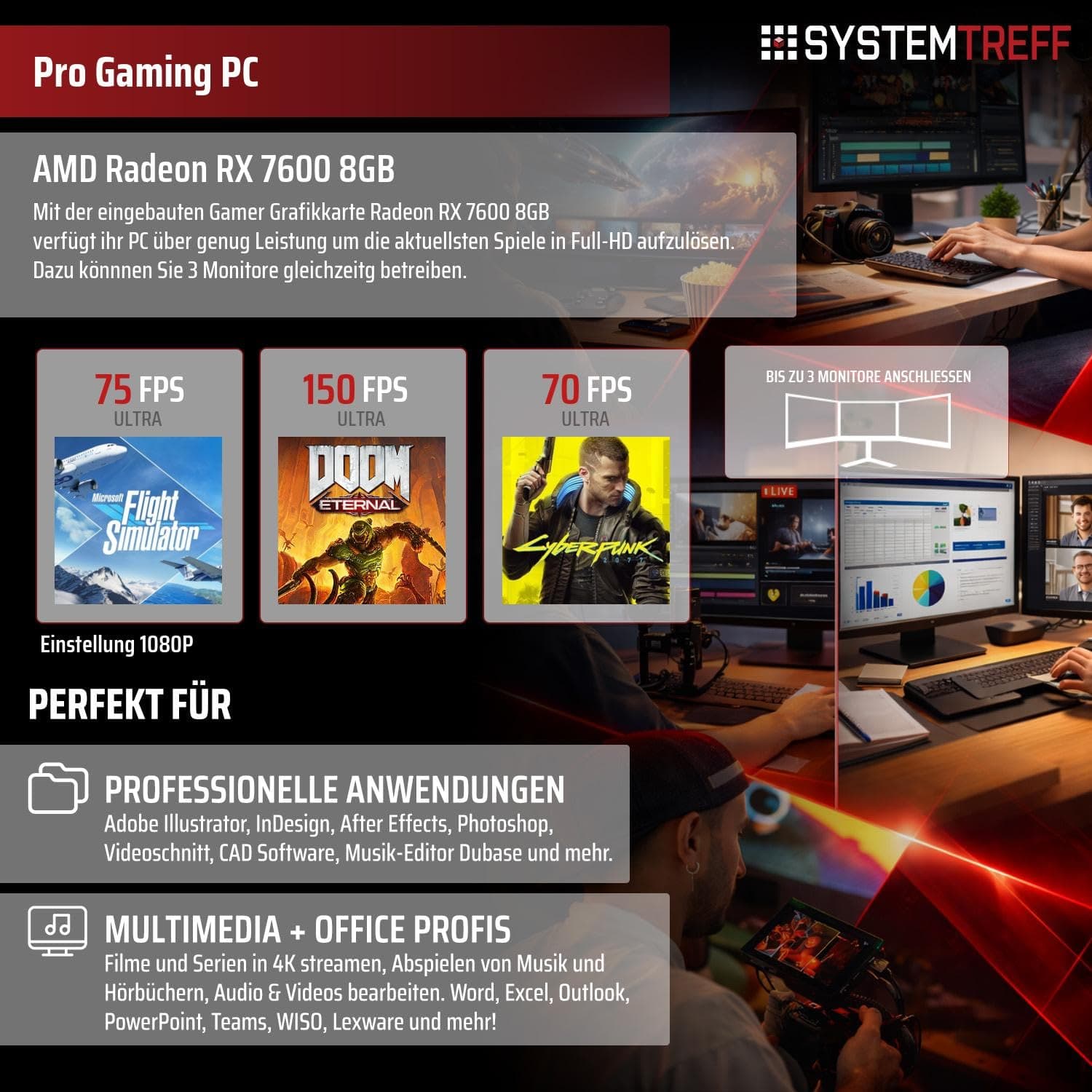 SYSTEMTREFF Gaming PC weiß AMD Ryzen 5 5600X 6x4.6GHz | AMD Radeon RX 7600 8GB DX12 | 512GB M.2 NVMe | 16GB DDR4 RAM | WLAN Desktop Computer Rechner für Gamer, Zocker & Streamer Bild 5