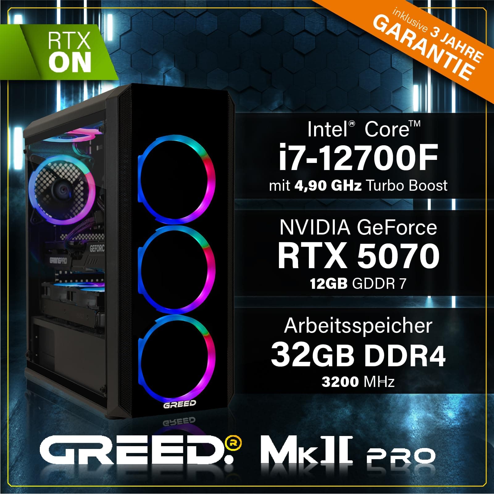Greed® MK2 Pro - High End Gaming PC - Intel Core i7 12700F + Nvidia Geforce RTX 5070 12GB - Schneller RGB Computer + 4K Rechner mit 4,9 GHZ - 32 GB DDR4 RAM - Wasserkühlung - 1TB SSD - WLAN + W11 Pro MK2 PRO | RTX 5070 INTEL 32GB Bild 3