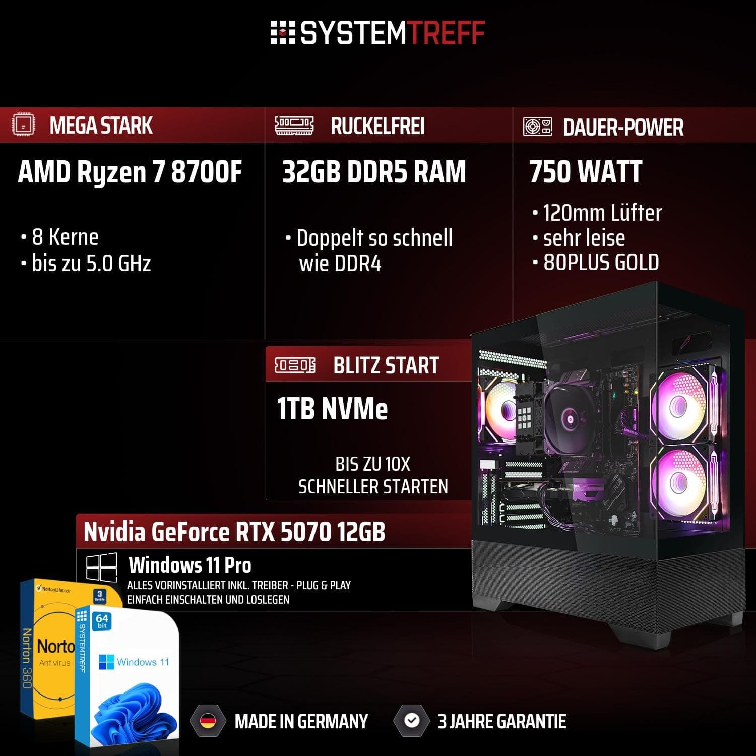 SYSTEMTREFF High-End Gaming PC AMD Ryzen 7 8700F 8x5GHz | Nvidia RTX 5070 12GB DX12 | 1TB M.2 NVMe | 32GB DDR5 RAM | Windows 11 | WLAN Desktop Computer Rechner für Gamer, Zocker & Streamer Bild 2