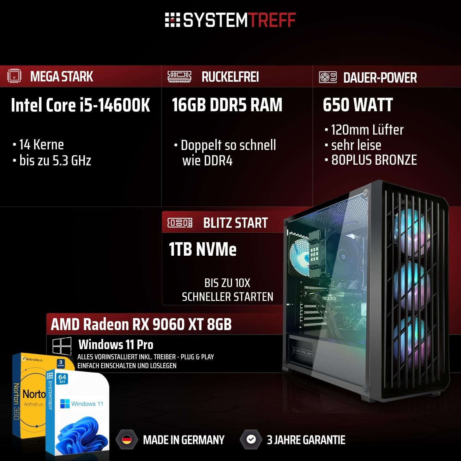 SYSTEMTREFF High-End Gaming PC Intel Core i5-14600K 6x5.3GHz | AMD Radeon RX 9060 XT 8GB DX12 | 1TB M.2 NVMe | 16GB DDR5 RAM | Windows 11 | WLAN Desktop Computer Rechner für Gamer, Zocker & Streamer Bild 2