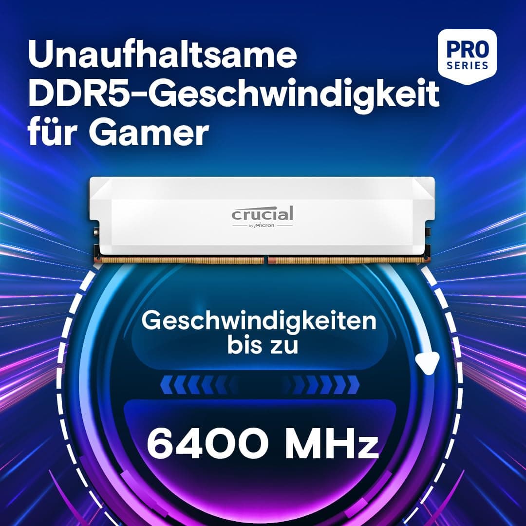 Crucial Pro DDR5 RAM 32GB Kit (2x16GB) 6400MHz CL38, Overclocking Gaming, Intel XMP 3.0 / AMD Expo, PC Computer Arbeitsspeicher, Weiß - CP2K16G64C38U5W 6400MHz 32GB (2x16GB) Weiß Bild 3