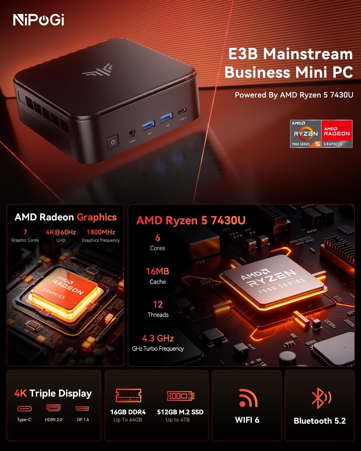 NiPoGi E3B Mini PC W-11 Pro ΑΜD Ryzen 5 7430U(Max 4.3GHz,6C/12T,Besser Als 5500U/5675U),16GB DDR4(Max 64GB)+512GB SSD,Desktop PC WiFi 6/BT 5.2/4K Triple Display/VESA Unterstützt Mini-Computer für Büro 16.0 GB 512.0 GB Bild 2
