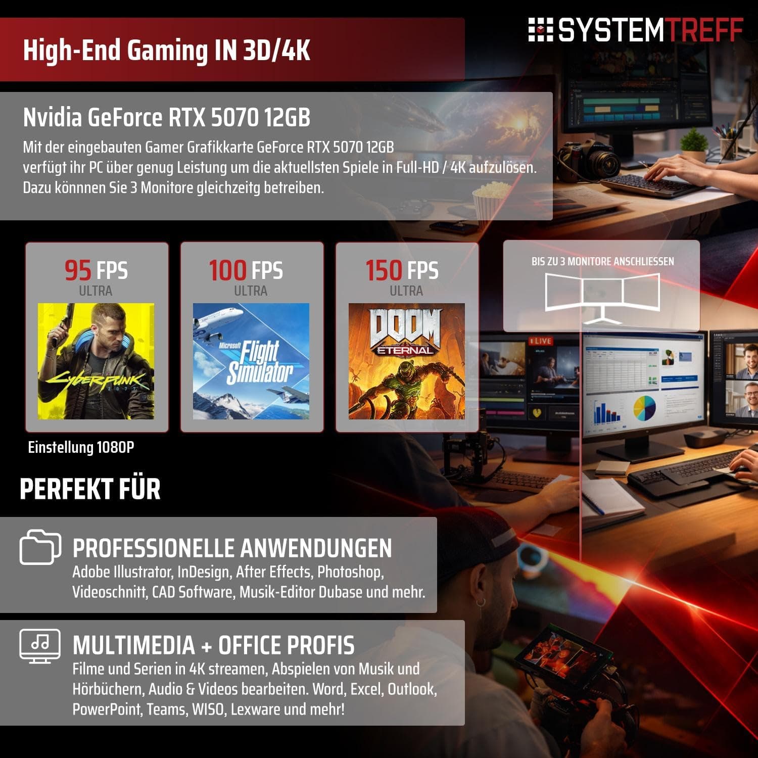 SYSTEMTREFF High-End Gaming PC AMD Ryzen 7 8700F 8x5GHz | Nvidia RTX 5070 12GB DX12 | 1TB M.2 NVMe | 32GB DDR5 RAM | Windows 11 | WLAN Desktop Computer Rechner für Gamer, Zocker & Streamer Bild 5