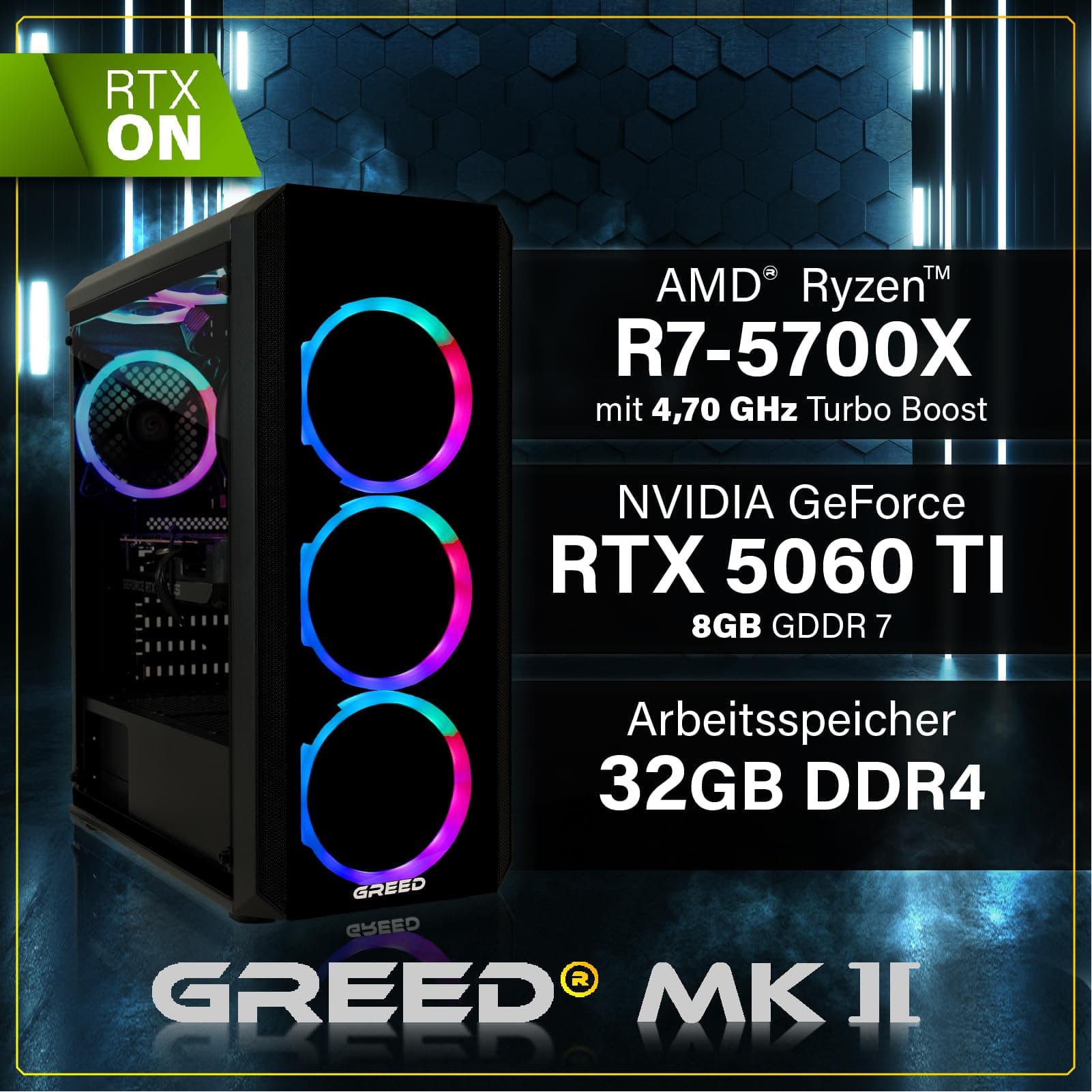 Greed® MK2 - High End Gaming PC - AMD Ryzen 7 5700X & Nvidia Geforce RTX 5060Ti (8GB) - Ultra Schneller RGB Computer + 4K Raytracing Rechner mit 4,60 GHZ - 32 GB DDR4 RAM - 1TB SSD - WLAN + W11 Pro MK2 | RTX 5060 Ti AMD 32GB Bild 3