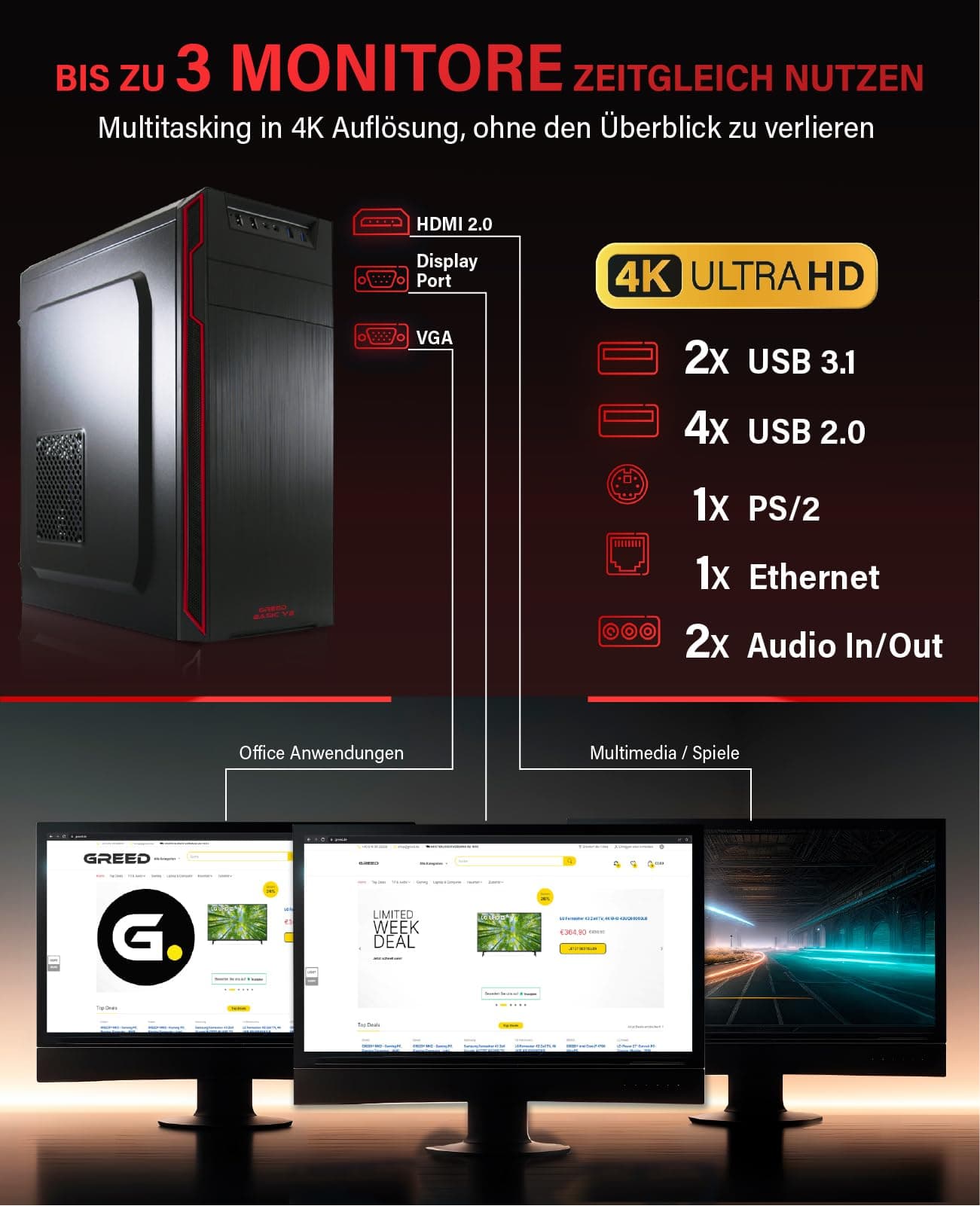 Greed® Basic V2 PC mit AMD Ryzen 5 4600G - Schneller Rechner + Computer für Büro & Home Office mit 4,2 GHZ, 8GB RAM/Arbeitsspeicher - 256 GB SSD - DVD+RW - USB3.1 - WLAN, inkl. Windows 11 Pro Basic | V2 AMD Bild 5