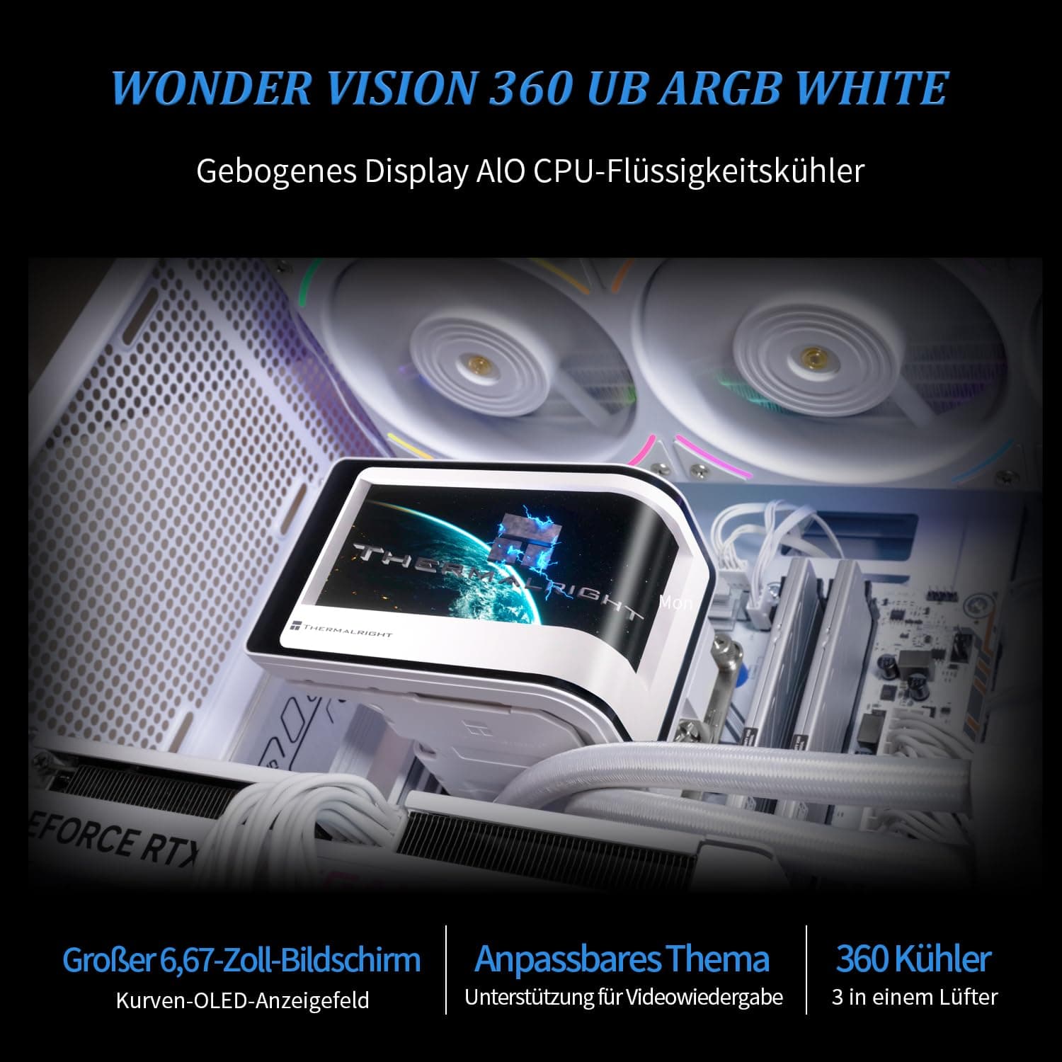 Thermalright Wonder Vision 360 UB ARGB Weißer AIO CPU-Flüssigkeitskühler, für AM5/Intel LGA1851/1700, 6,67-Zoll 3D Curved Screen mit 2400x1080 Auflösungen, Magnetic Panel Screen, 3D/2D Video Support WV360 UB ARGB White Bild 3