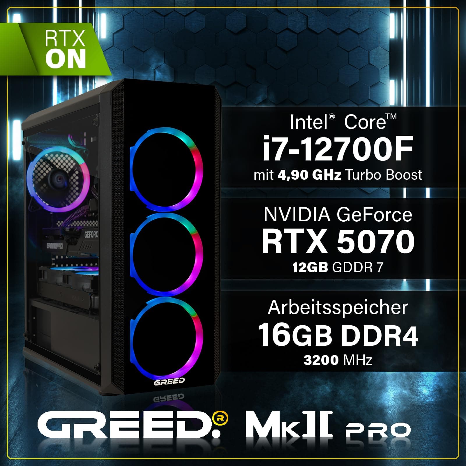 Greed® MK2 Pro - High End Gaming PC - Intel Core i7 12700F + Nvidia Geforce RTX 5070 12GB - Schneller RGB Computer + 4K Rechner mit 4,9 GHZ - 16 GB DDR4 RAM - Wasserkühlung - 1TB SSD - WLAN + W11 Pro MK2 PRO | RTX 5070 INTEL 16GB Bild 3