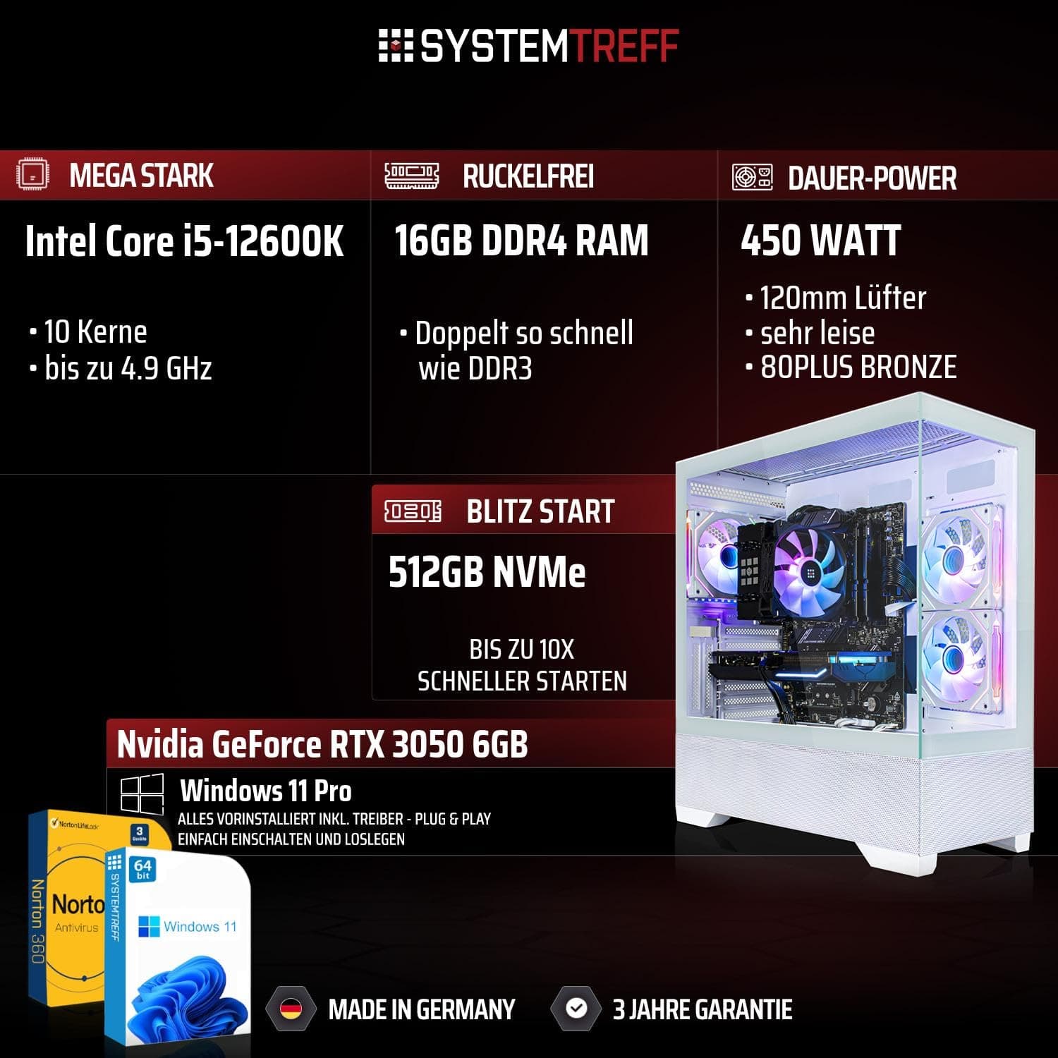 SYSTEMTREFF Basic Gaming PC weiß Intel Core i5-12600K 6x4.9GHz | Nvidia RTX 3050 6GB | 512GB M.2 NVMe | 16GB DDR4 RAM | Windows 11 | Desktop Computer Rechner für Gamer, Zocker & Streamer Bild 2