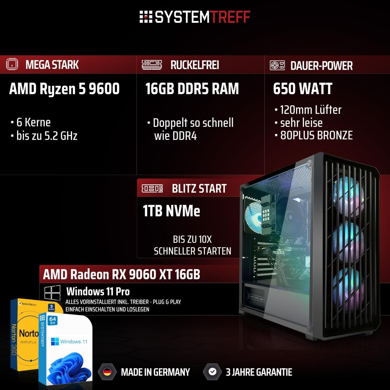 SYSTEMTREFF High-End Gaming PC AMD Ryzen 5 9600 6x5.2GHz | AMD Radeon RX 9060 XT 16GB DX12 | 1TB M.2 NVMe | 16GB DDR5 RAM | Windows 11 | WLAN Desktop Computer Rechner für Gamer, Zocker & Streamer Bild 2