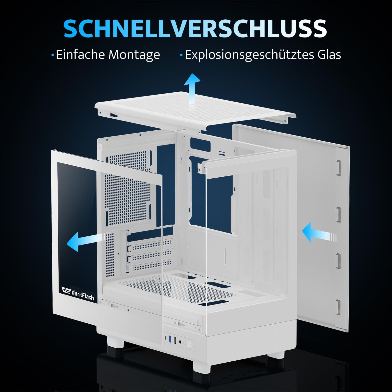 darkFlash Micro-ATX-PC-Gehäuse, Vorinstalliert mit 3 PWM-ARGB-Lüftern, Computergehäuse, Vollansicht Doppeltem Hartglas MATX-Gaming-PC-Gehäuse, Typ-C, Unterstützt bis zu 240 mm AIO (DB330M) (Weiß) Bild 3