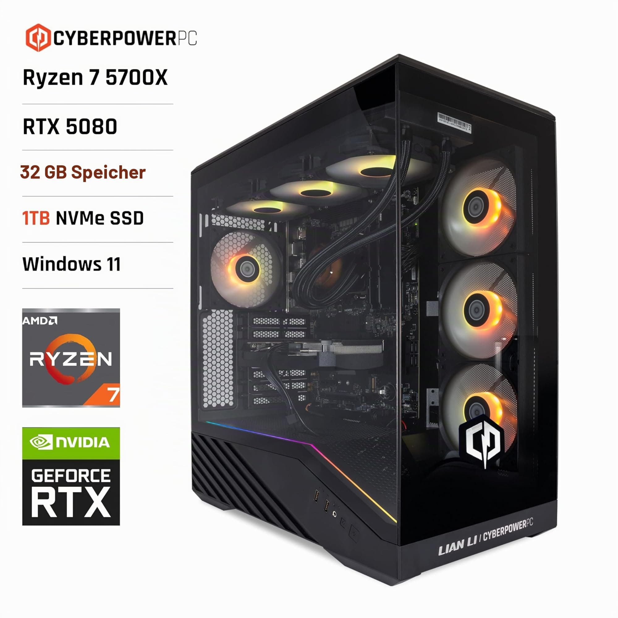 CYBERPOWERPC Luxe Gaming PC - AMD Ryzen 7 5700X, Nvidia RTX 5080, 32GB RAM, 1TB NVMe SSD, 850W PSU, Wi-Fi, Windows 11, Liquid Cooling, V100R AMD Ryzen 7 5700X Nvidia RTX 5080 Bild 2