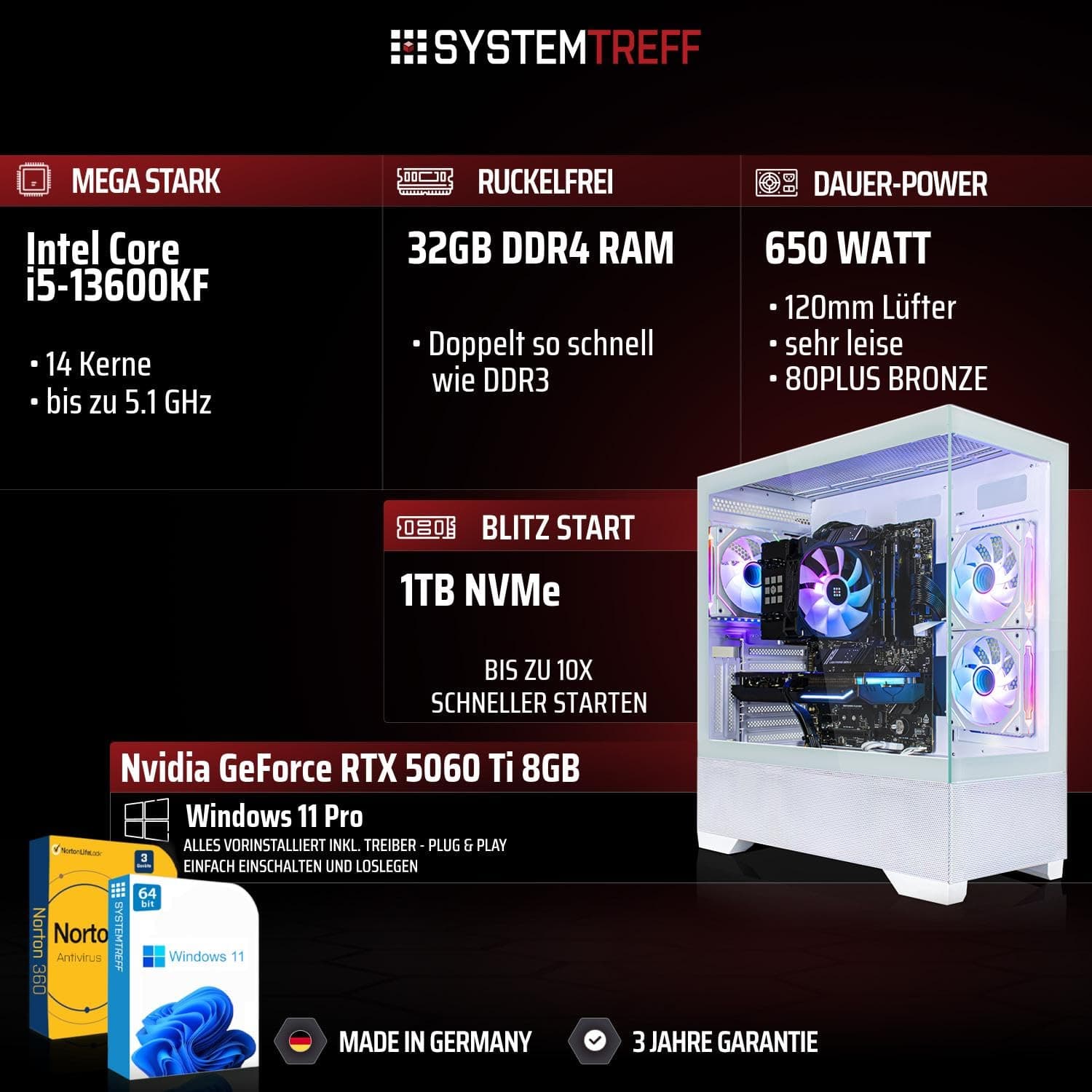 SYSTEMTREFF Gaming PC weiß Intel Core i5-13600KF 6x5.1GHz | Nvidia RTX 5060 Ti 8GB DX12 | 1TB M.2 NVMe | 32GB DDR4 RAM | Windows 11 | Desktop Computer Rechner für Gamer, Zocker & Streamer Bild 2