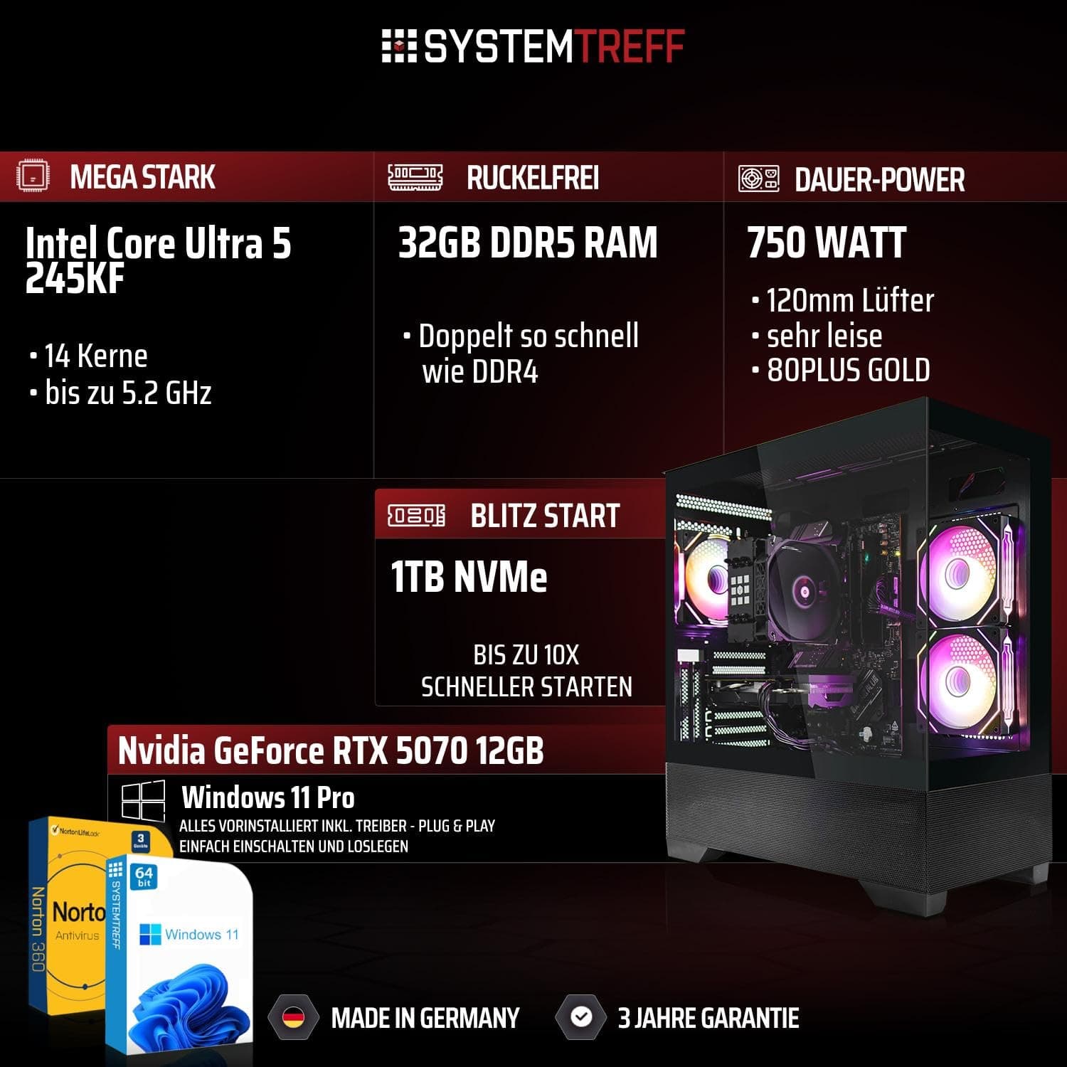 SYSTEMTREFF High-End Gaming PC Intel Core Ultra 5 245KF 6x5.2GHz | Nvidia RTX 5070 12GB | 1TB M.2 NVMe | 32GB DDR5 RAM | Windows 11 | Desktop Computer Rechner für Gamer, Zocker & Streamer Bild 2