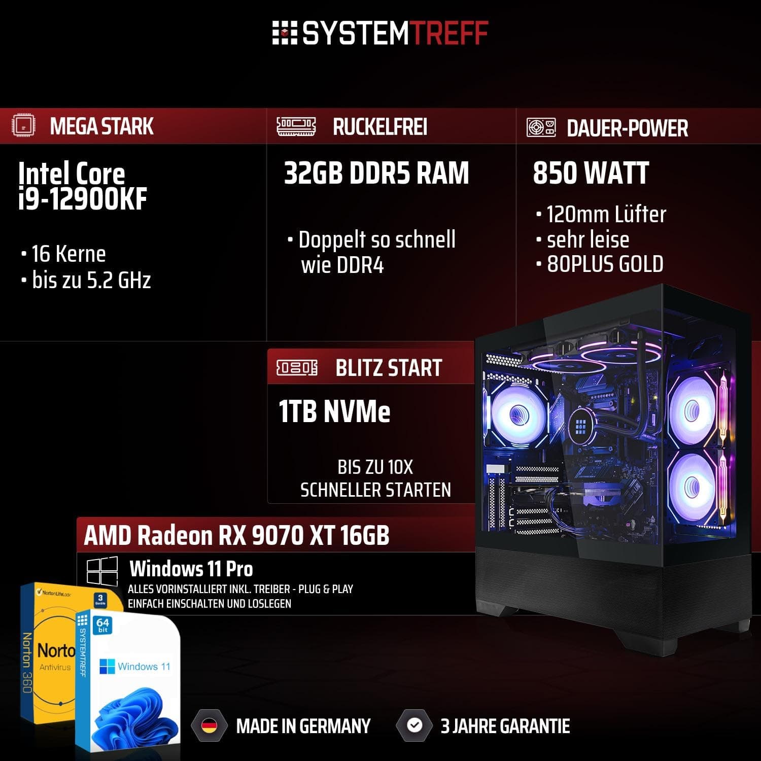 SYSTEMTREFF High-End Gaming PC Intel Core i9-12900KF 8x5.2GHz | AMD Radeon RX 9070 XT 16GB DX12 | 1TB M.2 NVMe | 32GB DDR5 RAM | Windows 11 | Desktop Computer Rechner für Gamer, Zocker & Streamer Bild 2