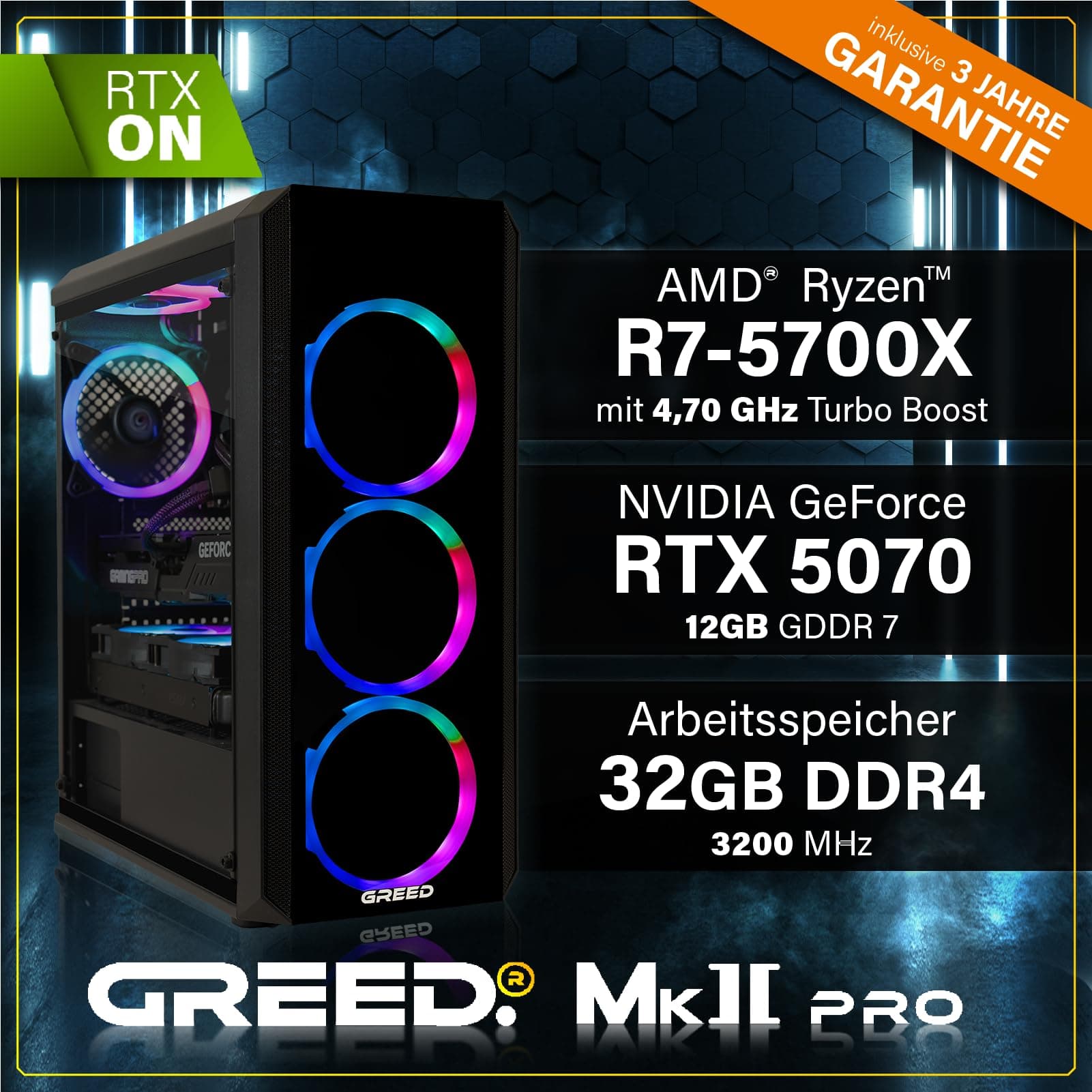 Greed® MK2 Pro - High End Gaming PC - AMD Ryzen 7 5700X + Nvidia Geforce RTX 5070 12 GB - Schneller RGB Computer + 4K Rechner mit 4,6 GHZ - 32 GB DDR4 RAM - Wasserkühlung - 1TB SSD - WLAN + W11 Pro MK2 PRO | RTX 5070 AMD 32GB Bild 3