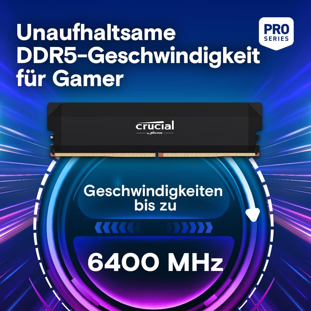 Crucial Pro DDR5 RAM 32GB Kit (2x16GB) 6400MHz CL38, Overclocking Gaming, Intel XMP 3.0 / AMD Expo, PC Computer Arbeitsspeicher, Schwarz - CP2K16G64C38U5B Bild 3