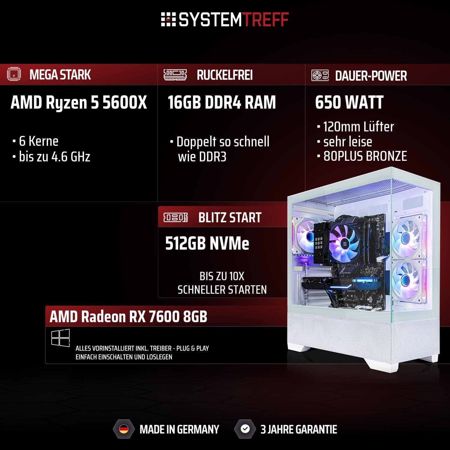 SYSTEMTREFF Gaming PC weiß AMD Ryzen 5 5600X 6x4.6GHz | AMD Radeon RX 7600 8GB DX12 | 512GB M.2 NVMe | 16GB DDR4 RAM | WLAN Desktop Computer Rechner für Gamer, Zocker & Streamer Bild 2