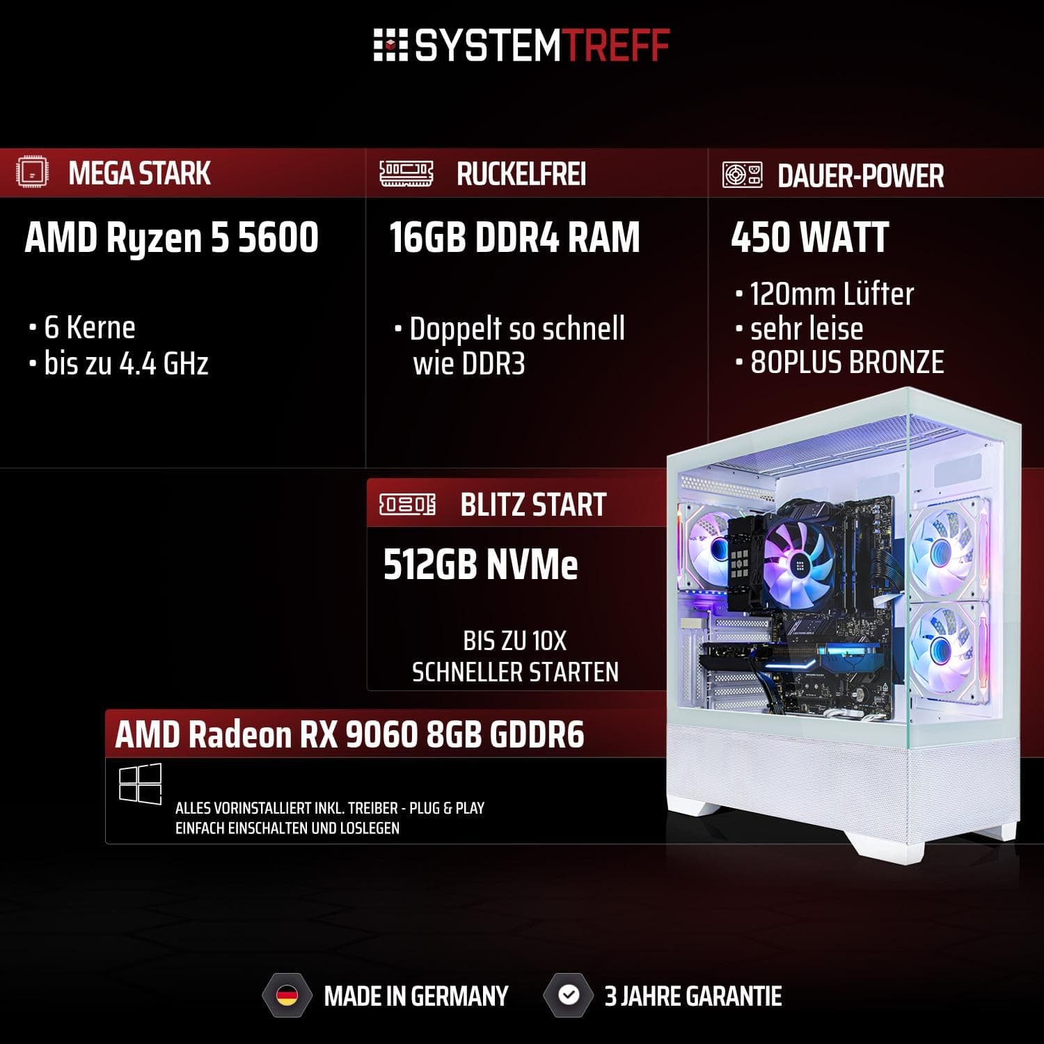 SYSTEMTREFF Gaming PC weiß AMD Ryzen 5 5600 6x4.4GHz | AMD Radeon RX 9060 8GB DX12 | 512GB M.2 NVMe | 16GB DDR4 RAM | WLAN Desktop Computer Rechner für Gamer, Zocker & Streamer Bild 2