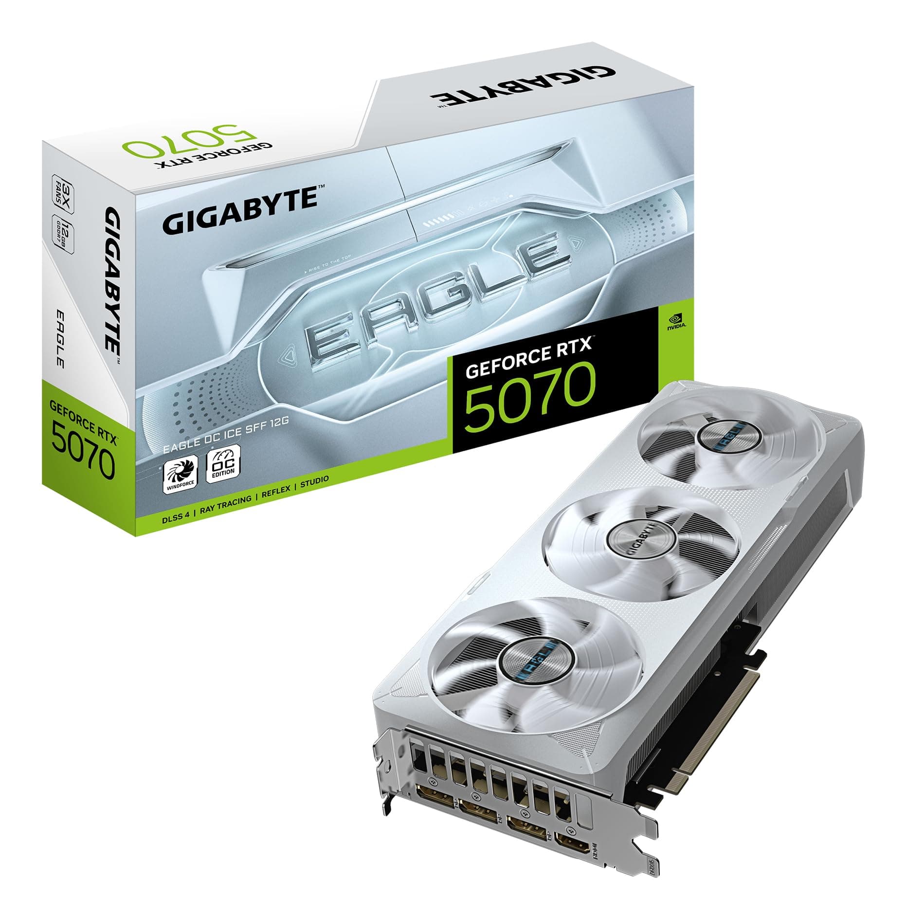 Gigabyte GeForce RTX 5070 Eagle OC Ice SFF 12G Grafikkarte - 12GB GDDR7, 192 Bit, PCI-E 5.0, 2587 MHz Core Clock, 3 x DP 2.1a, 1 x HDMI 2.1b, NVIDIA DLSS 4, GV-N5070EAGLEOC ICE-12GD Bild 2