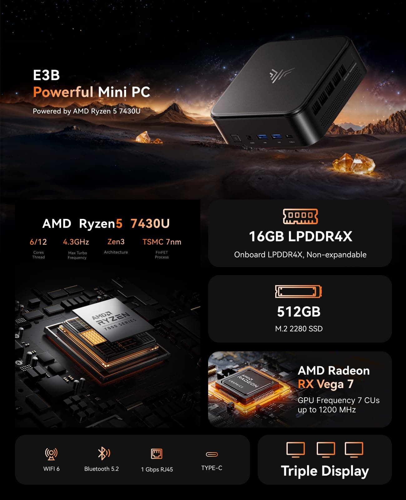 NiPoGi E3B Mini PC AMD Ryzen 5 7430U(Bis zu 4,3GHz) 16GB LPDDR4 512GB SSD mit AMD Radeon Graphics Micro Desktop Computer Für Büro/Heimkino/Meeting/Business/Trip |WiFi 6|BT 5.2|USB3.2 R5 7430U/ 16GB LPDDR4 512GB SSD Black Bild 2