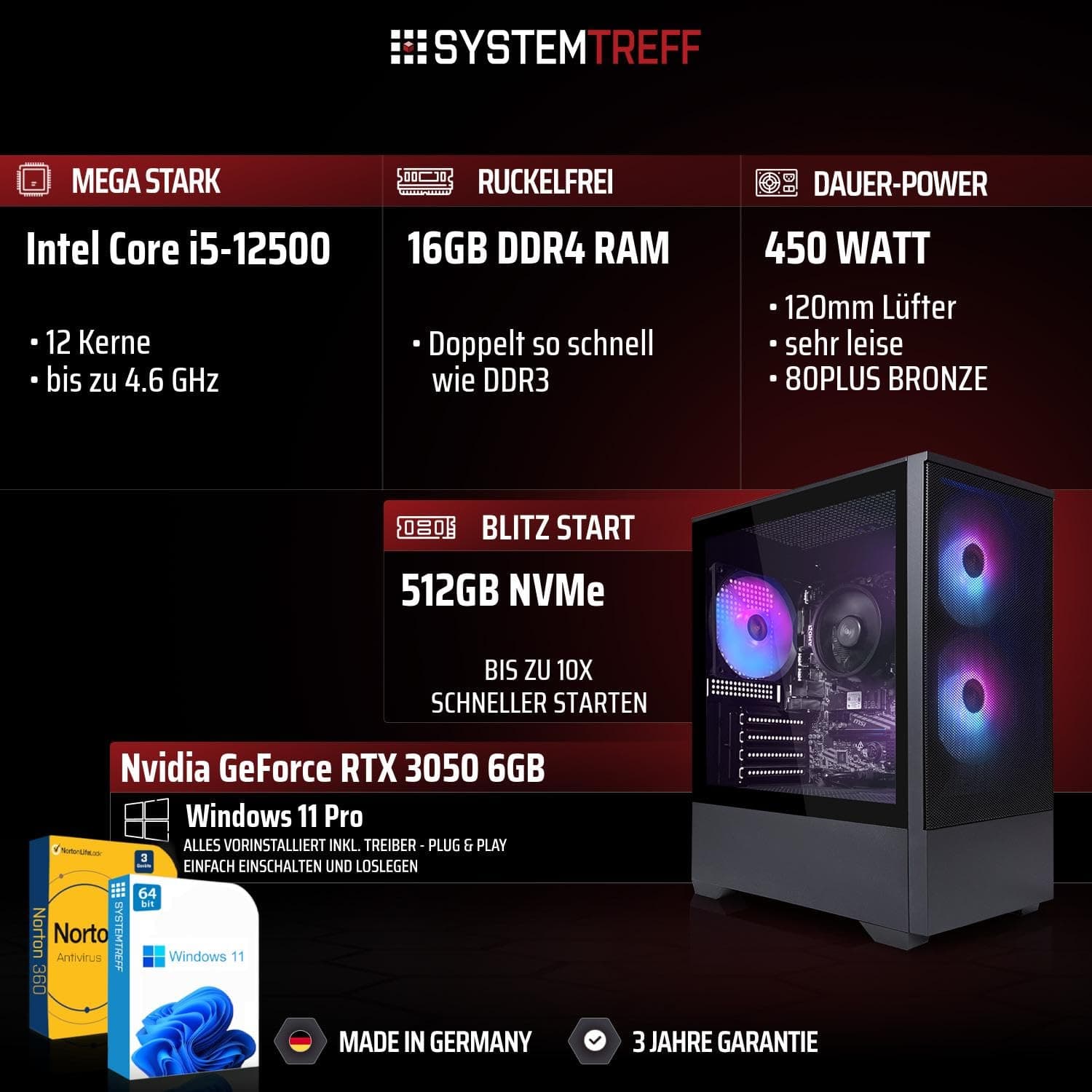 SYSTEMTREFF Basic Gaming PC Intel Core i5-12500 6x4.6GHz | Nvidia RTX 3050 6GB DX12 | 512GB M.2 NVMe | 16GB DDR4 RAM | Windows 11 | WLAN Desktop Computer Rechner für Gamer, Zocker & Streamer Bild 2