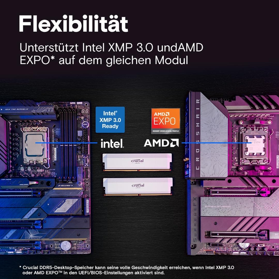 Crucial Pro DDR5 RAM 32GB Kit (2x16GB) 6400MHz CL38, Overclocking Gaming, Intel XMP 3.0 / AMD Expo, PC Computer Arbeitsspeicher, Weiß - CP2K16G64C38U5W 6400MHz 32GB (2x16GB) Weiß Bild 7
