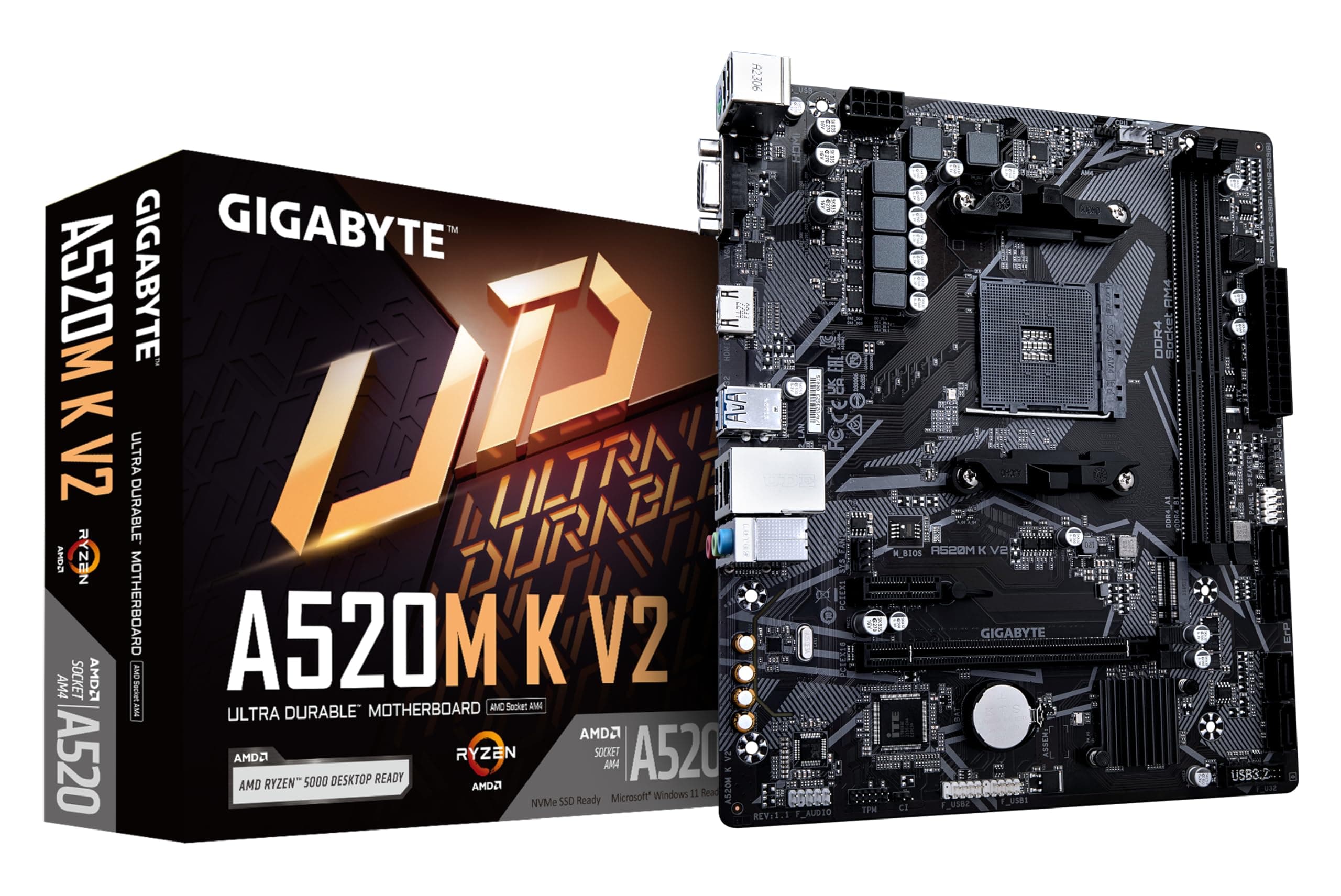 GIGABYTE A520M K V2 Mainboard - Unterstützt AMD Ryzen 5000 Serie AM4 CPUs, bis zu 5100MHz DDR4 (OC), PCIe Gen3 x4 M.2, GbE LAN, USB 3.2 Gen 1 Bild 2