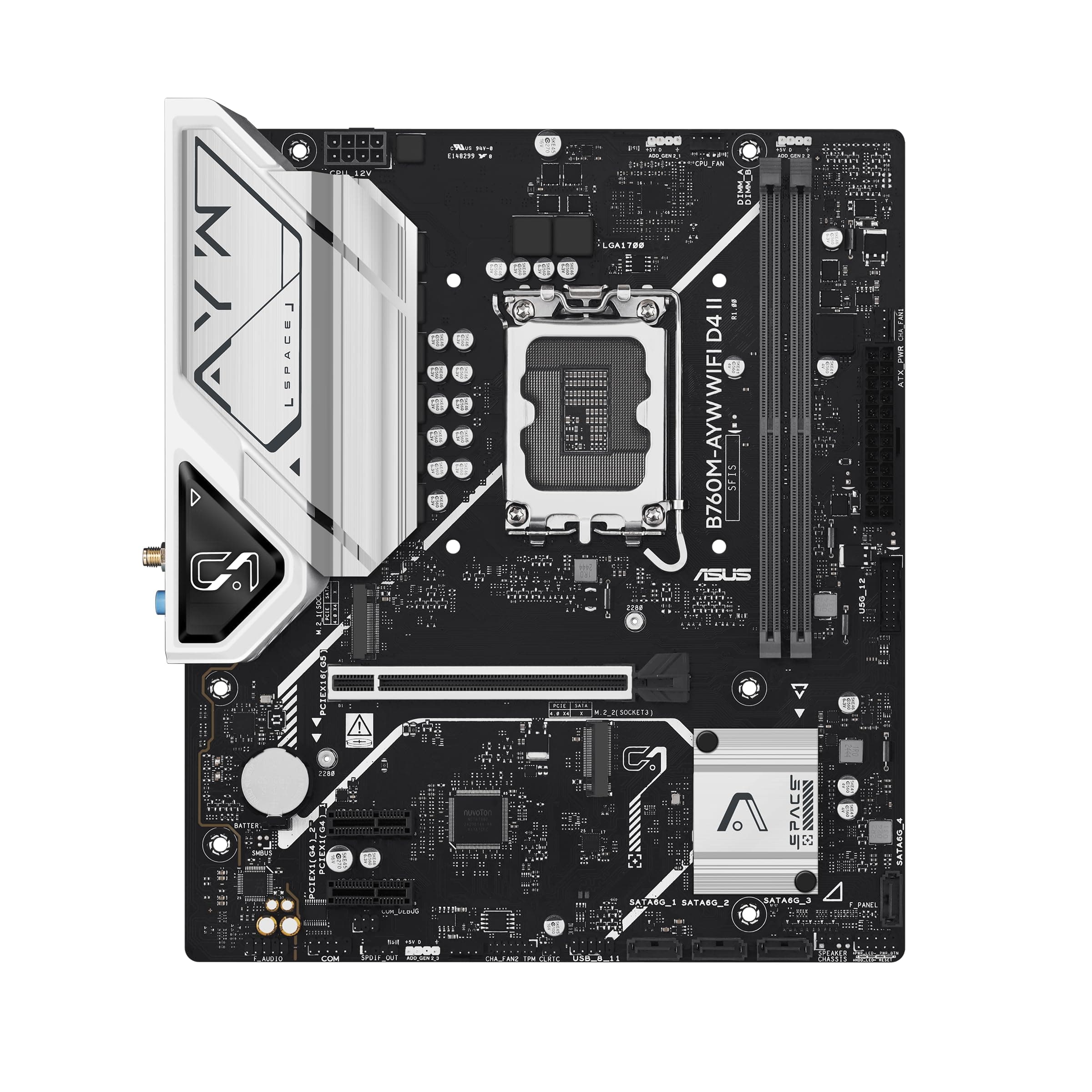 ASUS B760M-AYW WiFi D4 II Intel B760 (LGA 1700) mATX Micro ATX Mainboard, PCIe 5.0 x16 Unterstützung, Zwei M.2-Slots, DDR4, Realtek 2,5 GB Ethernet, Wi-Fi 6, HDMI, SATA 6 Gbit/s, USB Frontal 5 Gbit/s Bild 3