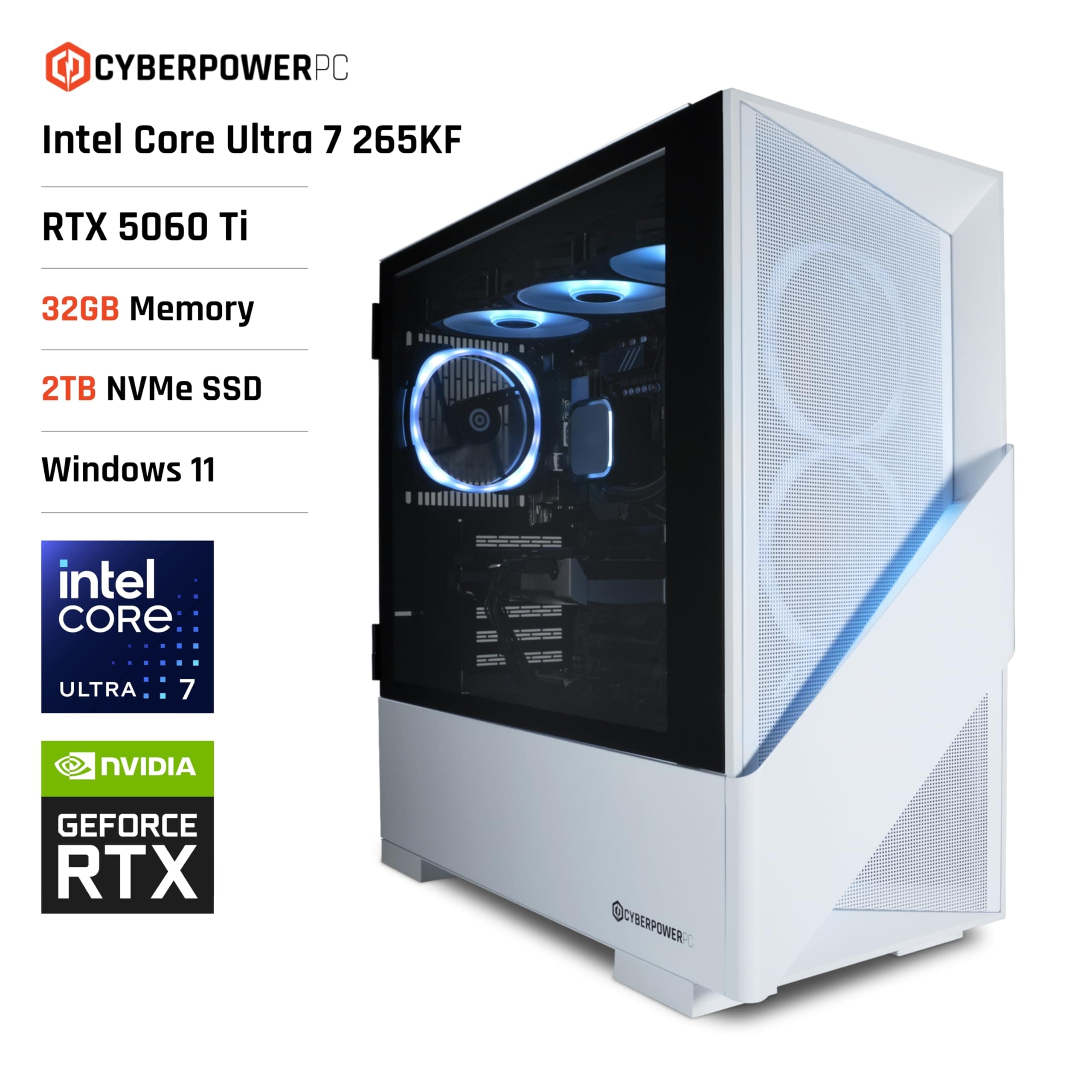CYBERPOWERPC Luxe Gaming PC - Intel Core Ultra 7 265KF, Nvidia RTX 5060 Ti, 32GB RAM, 2TB NVMe SSD, 650W PSU, Windows 11, Liquid Cooling, Amethyst 360M Airflow White Intel Core Ultra 7 265KF , White Case Nvidia RTX 5060 Ti Bild 2