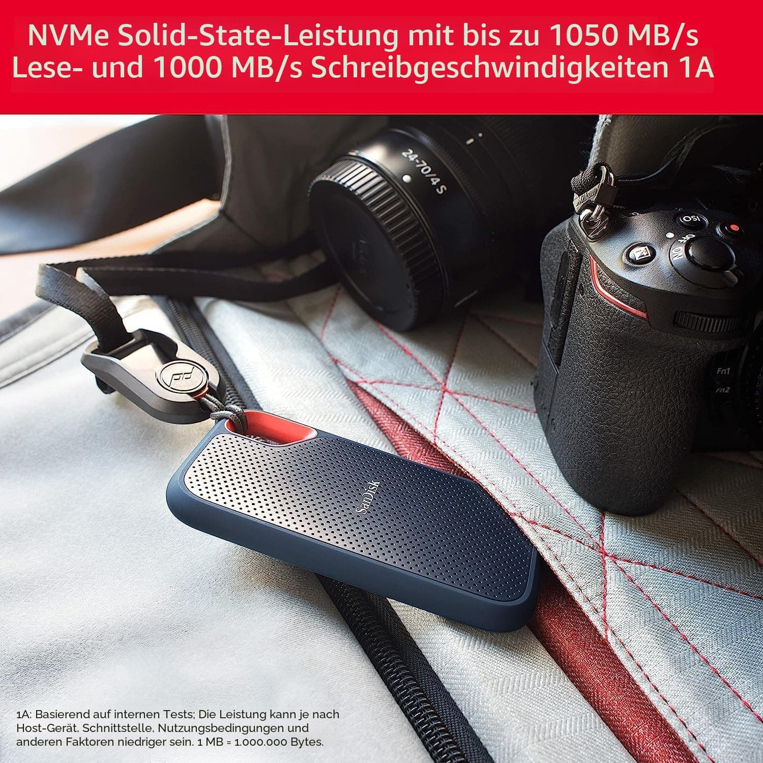 SANDISK Extreme Portable SSD 1 TB (tragbare NVMe SSD, USB-C, bis zu 1.050 MB/s Lesen, bis 1.000 MB/s Schreiben, Wasser- und staubbeständig) Schwarz 2. Portable 1.050MB/s 1 TB Schwarz Bild 7