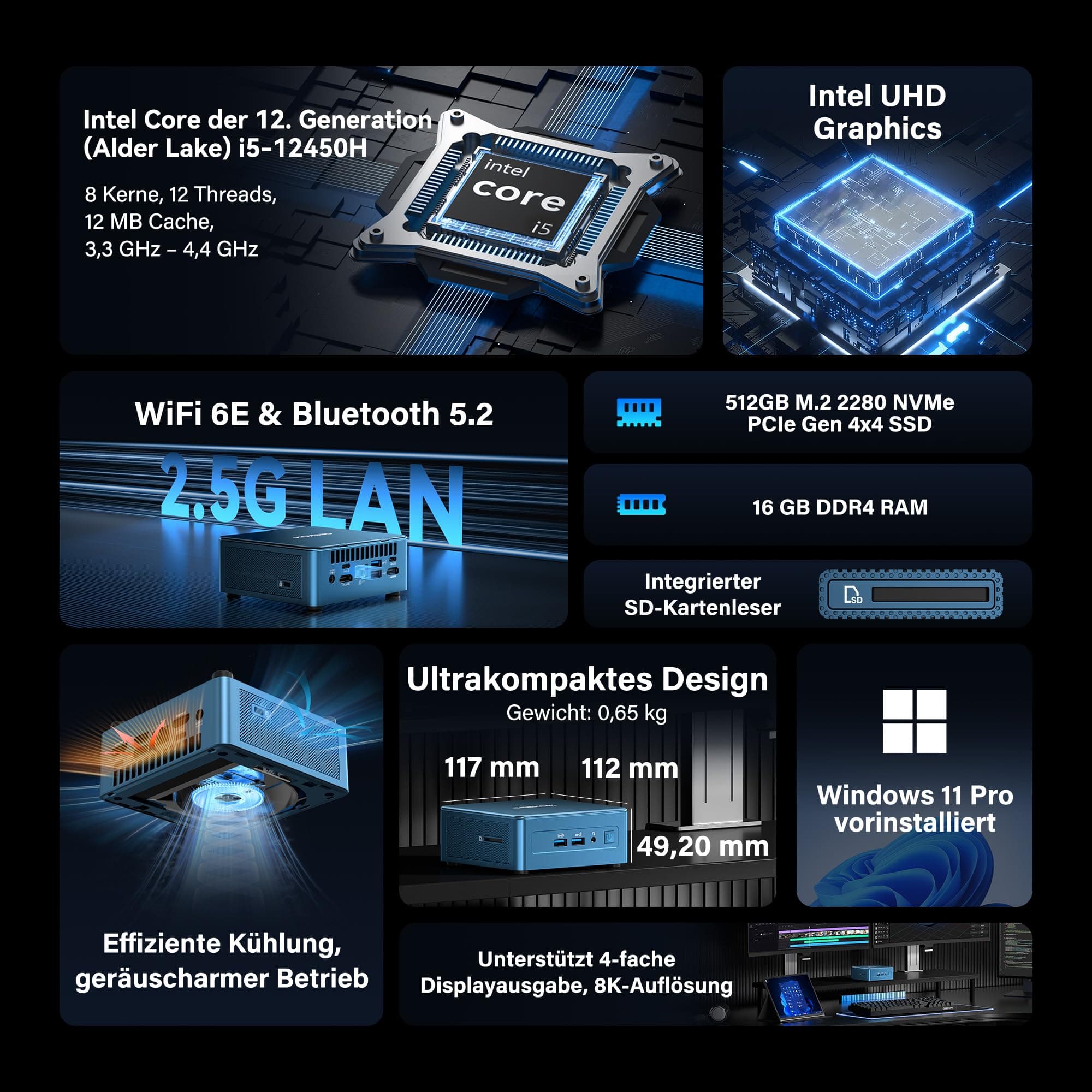 GEEKOM Mini PC IT12 2026 mit Intel i5-12450H[3-Jahren-Garantie], 16GB RAM & 512GB SSD(max. 96GB + 8TB) Windows 11 Pro Vorkonfiguriert, 8K Quad-Display, 2X USB 4.0, SD-Kartensteckplatz, für Business i5-12450H (16GB+512GB) Bild 2