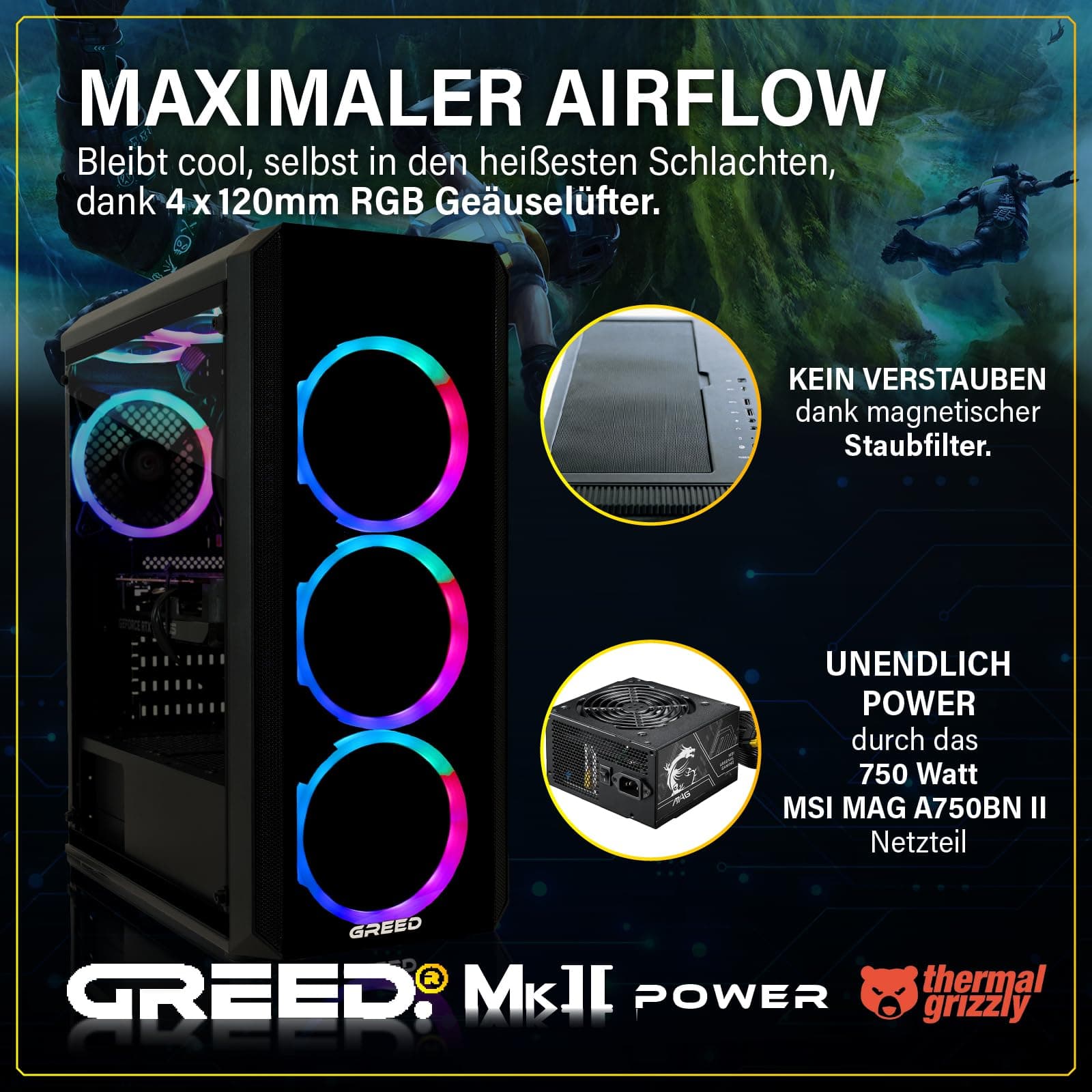 Greed® MK2 Power - High End Gaming PC - AMD Ryzen 7 5700X + AMD Radeon RX 9070 16GB - Schneller RGB Computer + 4K Raytracing Rechner mit 4,6 GHZ - 32GB DDR4 RAM - 1TB SSD - WLAN + W11 Pro MK2 POWER | RX 9070 AMD 32GB Bild 4