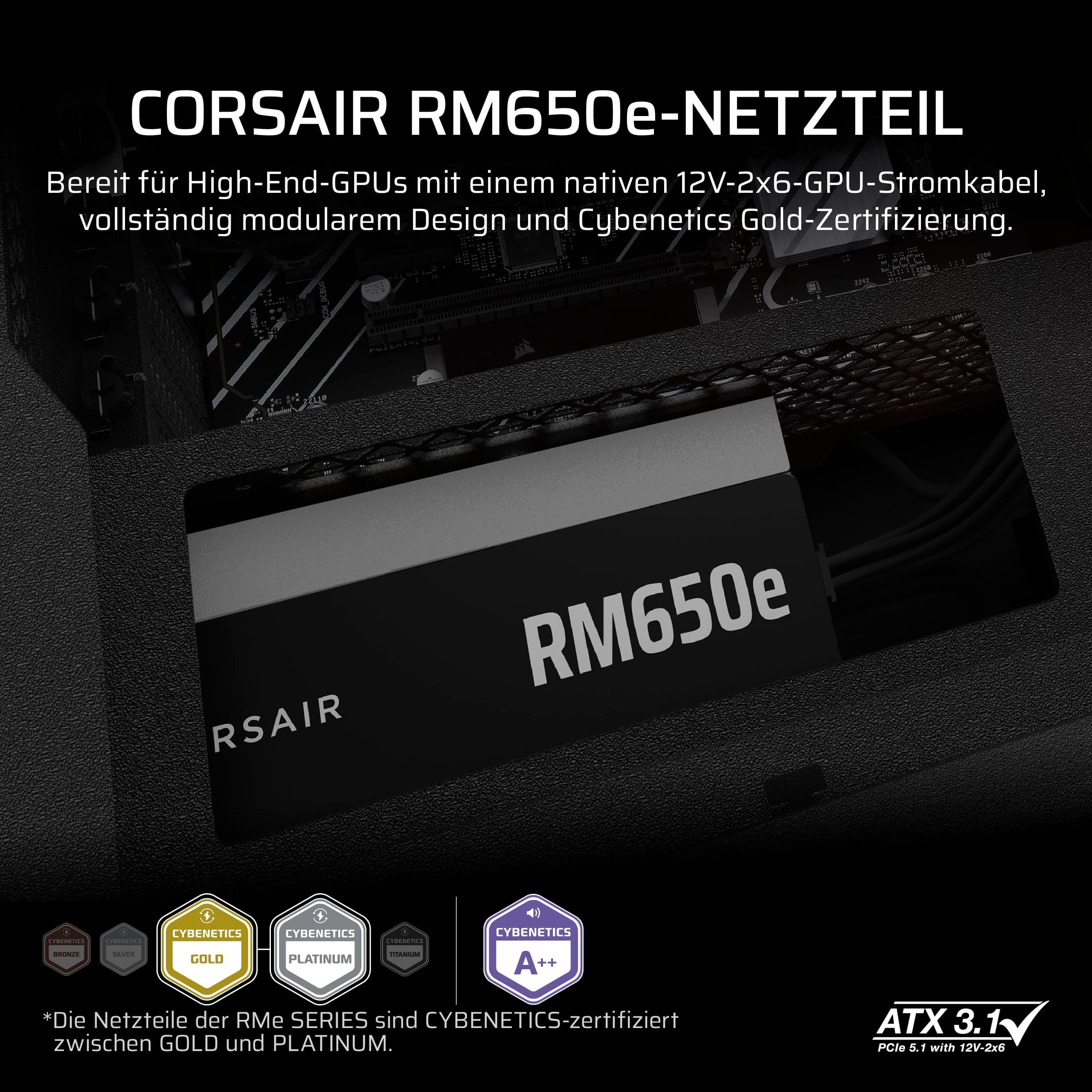 CORSAIR RM650e (2025) Geräuscharmes Vollständig Modulares ATX-Netzteil mit 12V-2x6 Kable – Zero RPM-Lüftermodus, ATX 3.1-Konform, PCIe 5.1-Unterstützung, Cybenetics Gold – Schwarz Schwarz 650 Watts RMe (2025) Bild 3