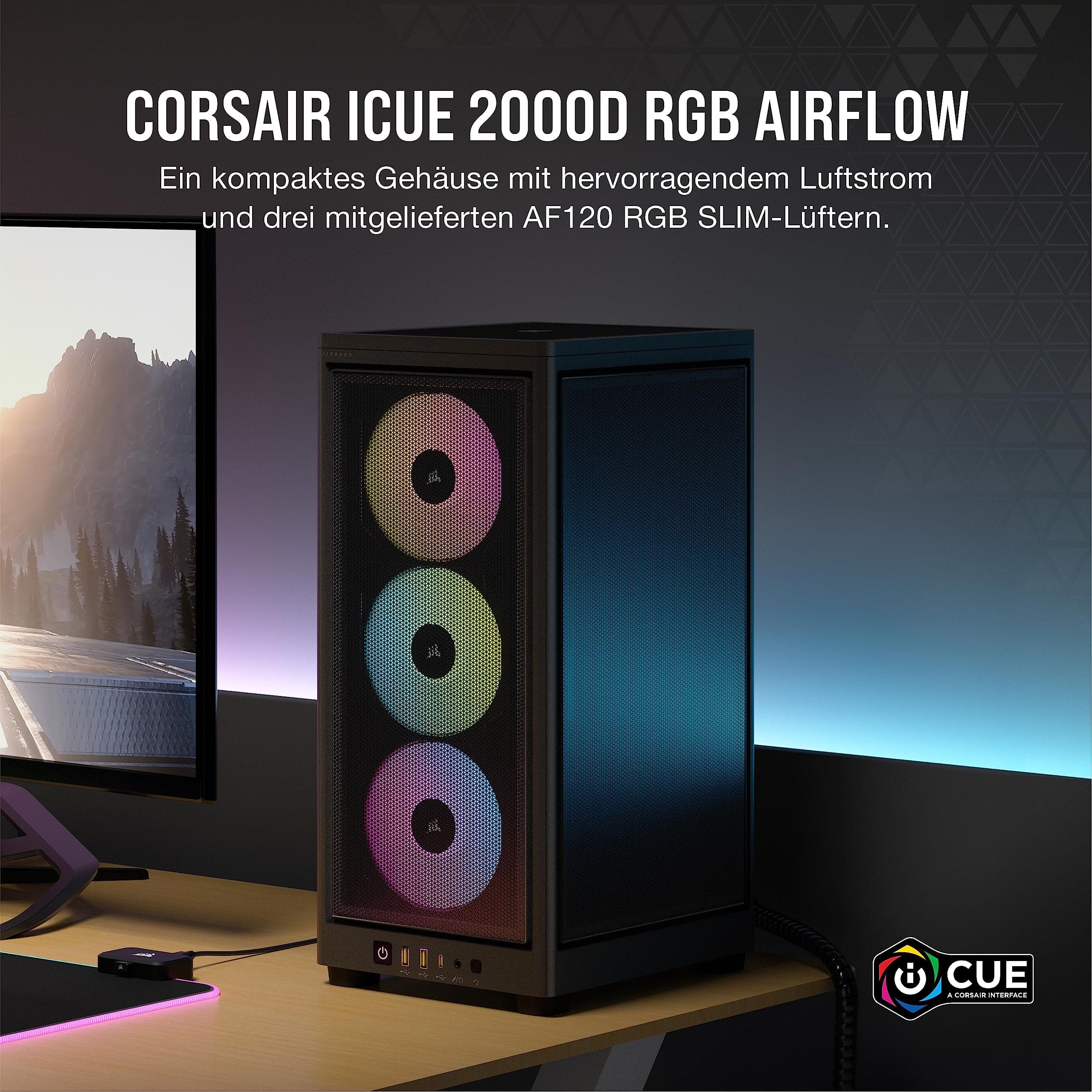 Corsair iCUE 2000D RGB Airflow PC-Gehäuse Mini ITX – Form Mini-ITX – Platten aus Stahl – 3 x Slim AF120 RGB inklusive – iCUE Lighting Node Core Controller – Schwarz Schwarz RGB Airflow Bild 3