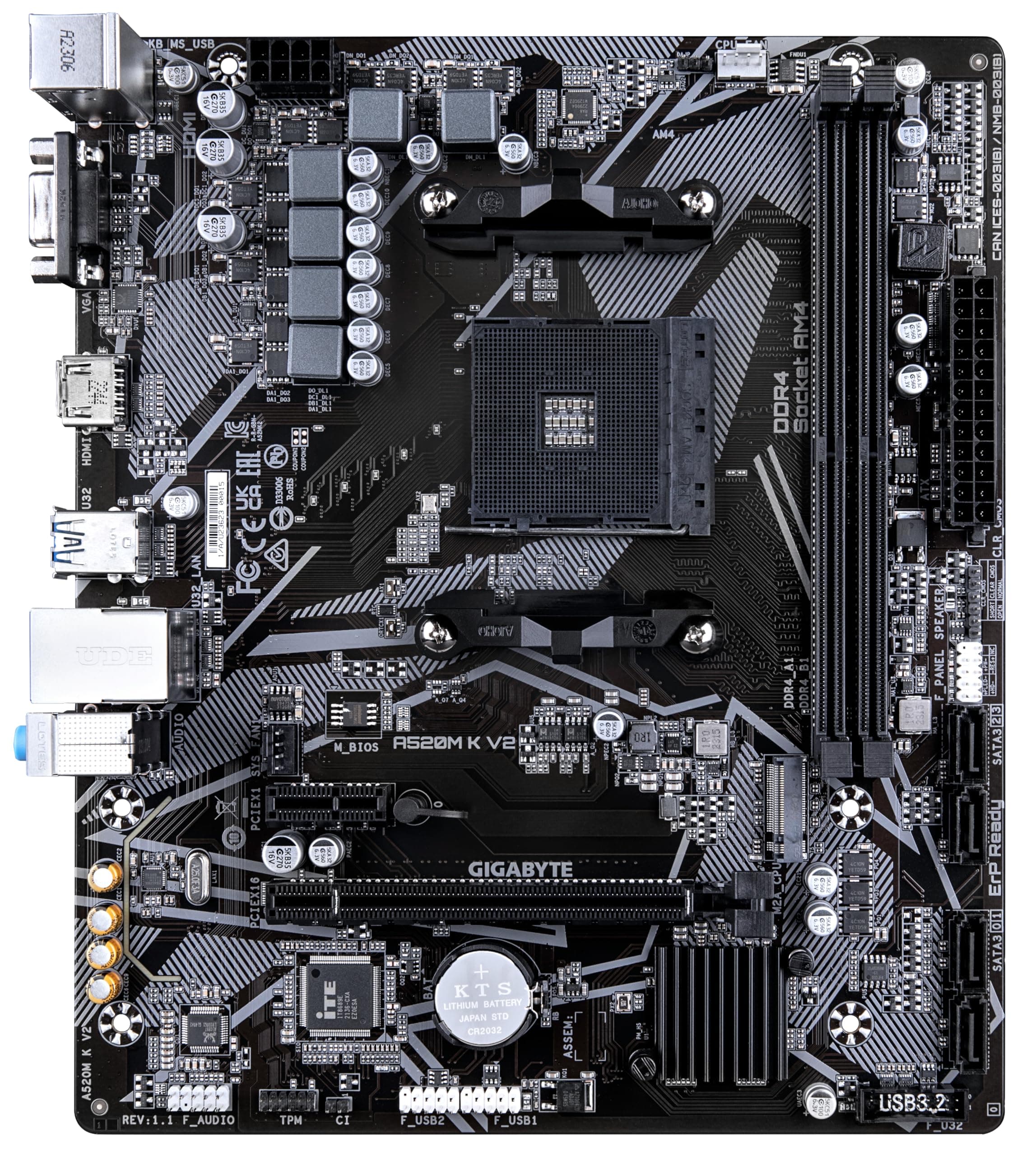 GIGABYTE A520M K V2 Mainboard - Unterstützt AMD Ryzen 5000 Serie AM4 CPUs, bis zu 5100MHz DDR4 (OC), PCIe Gen3 x4 M.2, GbE LAN, USB 3.2 Gen 1 Bild 3